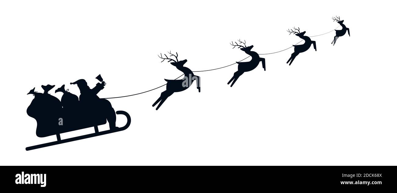 Santa Sleigh Silhouette illustration of Santa Claus in his sleigh flying through the sky being pulled by his reindeer Stock Vector