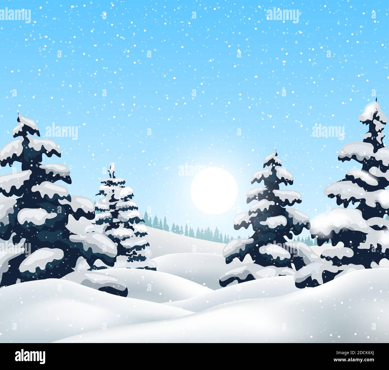 Winter landscape with snowy forest and birds, vector illustration Stock ...
