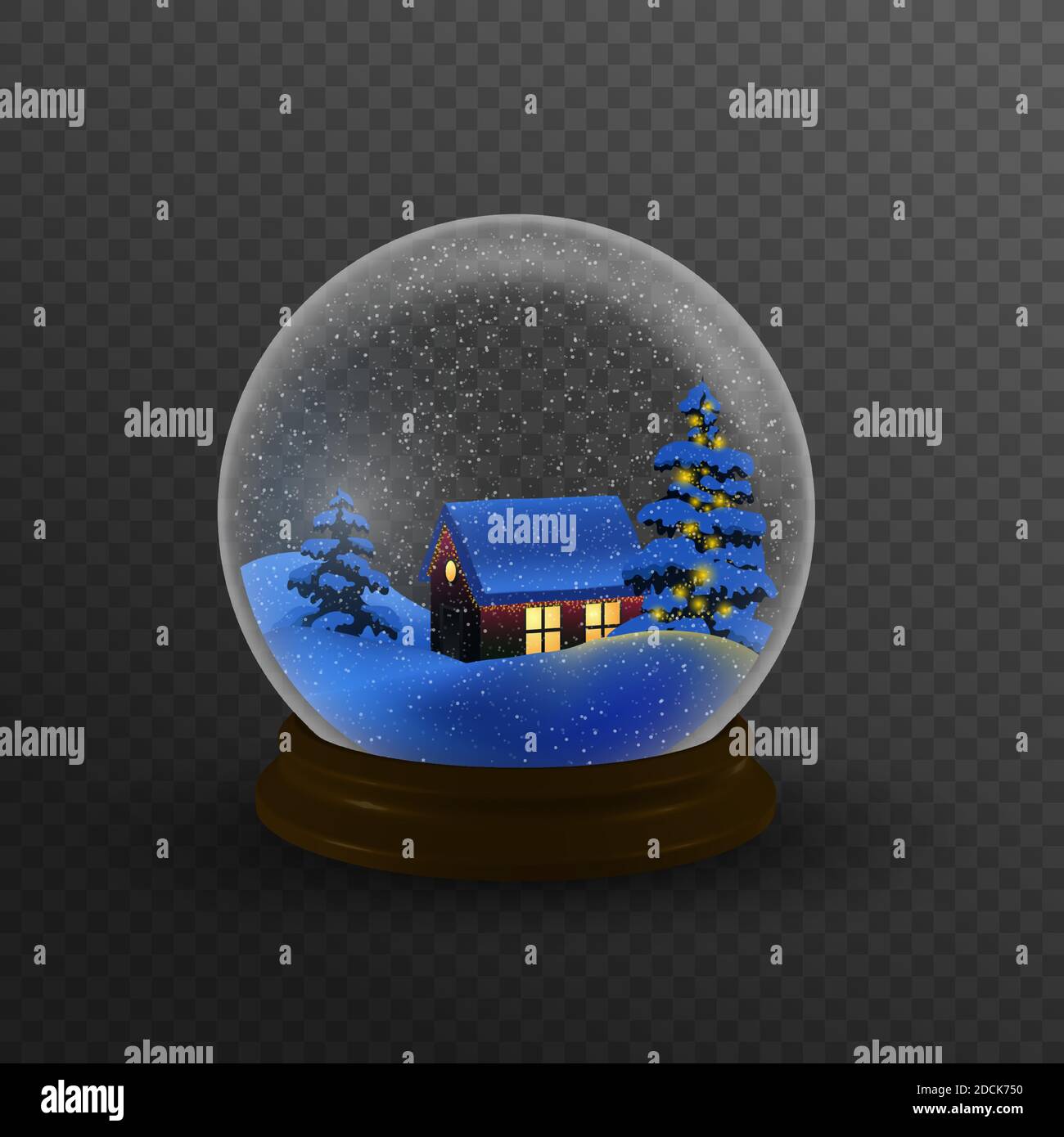 Christmas winter landscape globe with snow house forest mountains and stars inside isolated vector illustration. Stock Vector