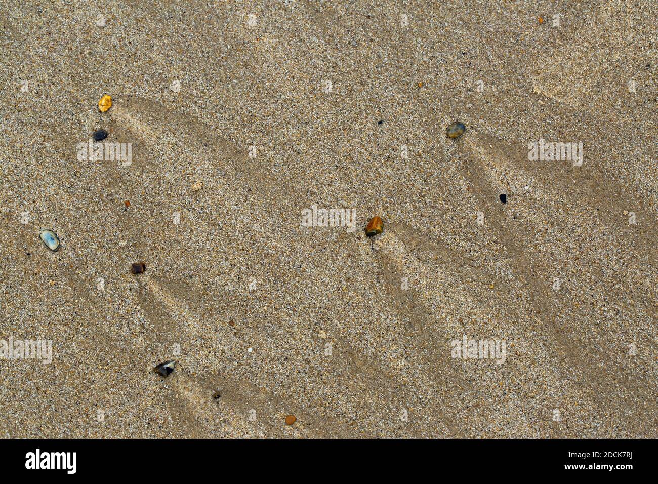 Small flint pebbles, midst coastal sea washed sand. Retreating tide markings left in surface causing directional arrow head shapes as the saltwater Stock Photo