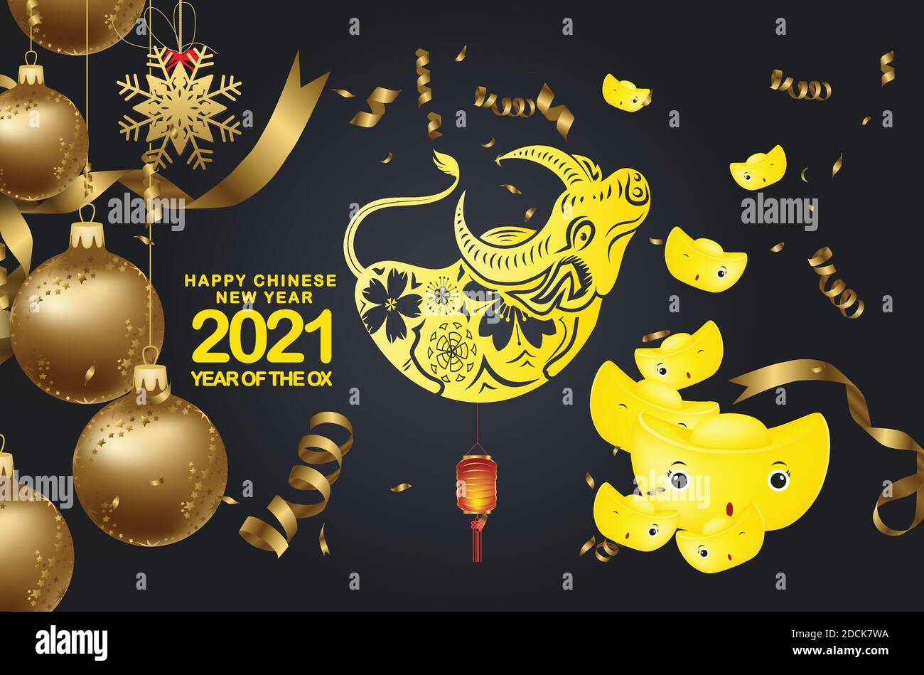 Happy Chinese New Year 2021 Greeting Card With Year Of The Ox Christmas Confetti Gold Gold Ingots And Black Colors Lace For Text Stock Vector Image Art Alamy