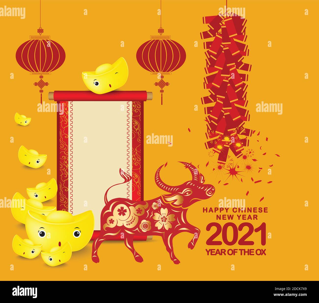 Happy chinese new year 2021 Ox Zodiac sign, with gold ingots cut art and firecrackers craft style on color background for greeting card, flyers, poste Stock Vector