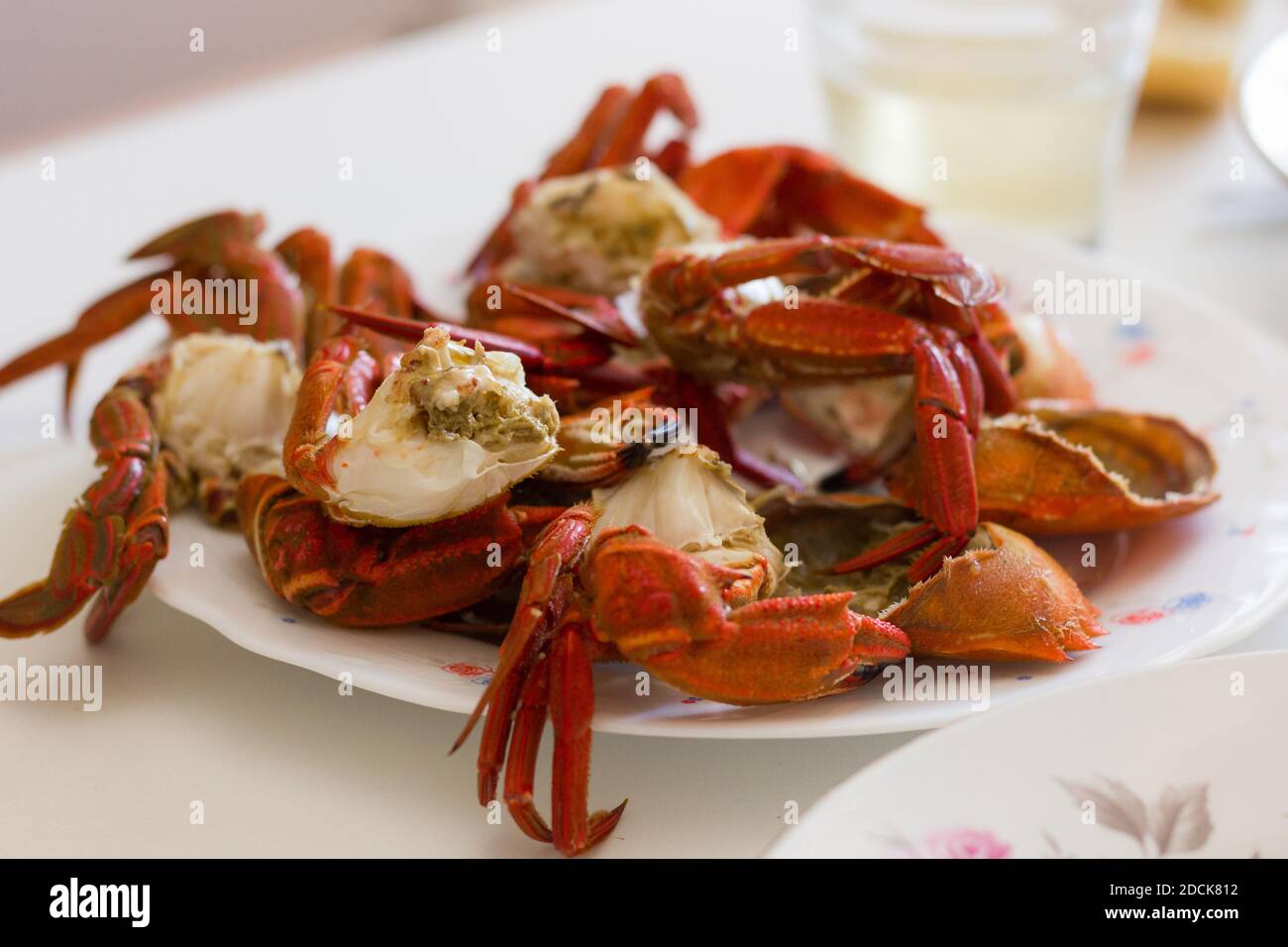 Steamed crab legs. Boiled seafood plate, delicious restaurant menu