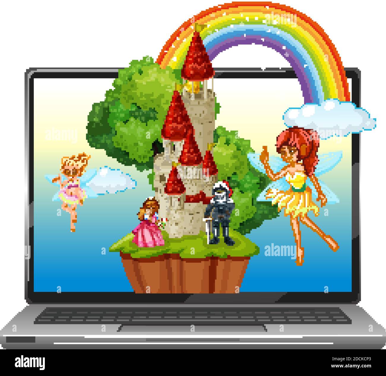 Fairy tales on laptop desktop background illustration Stock Vector