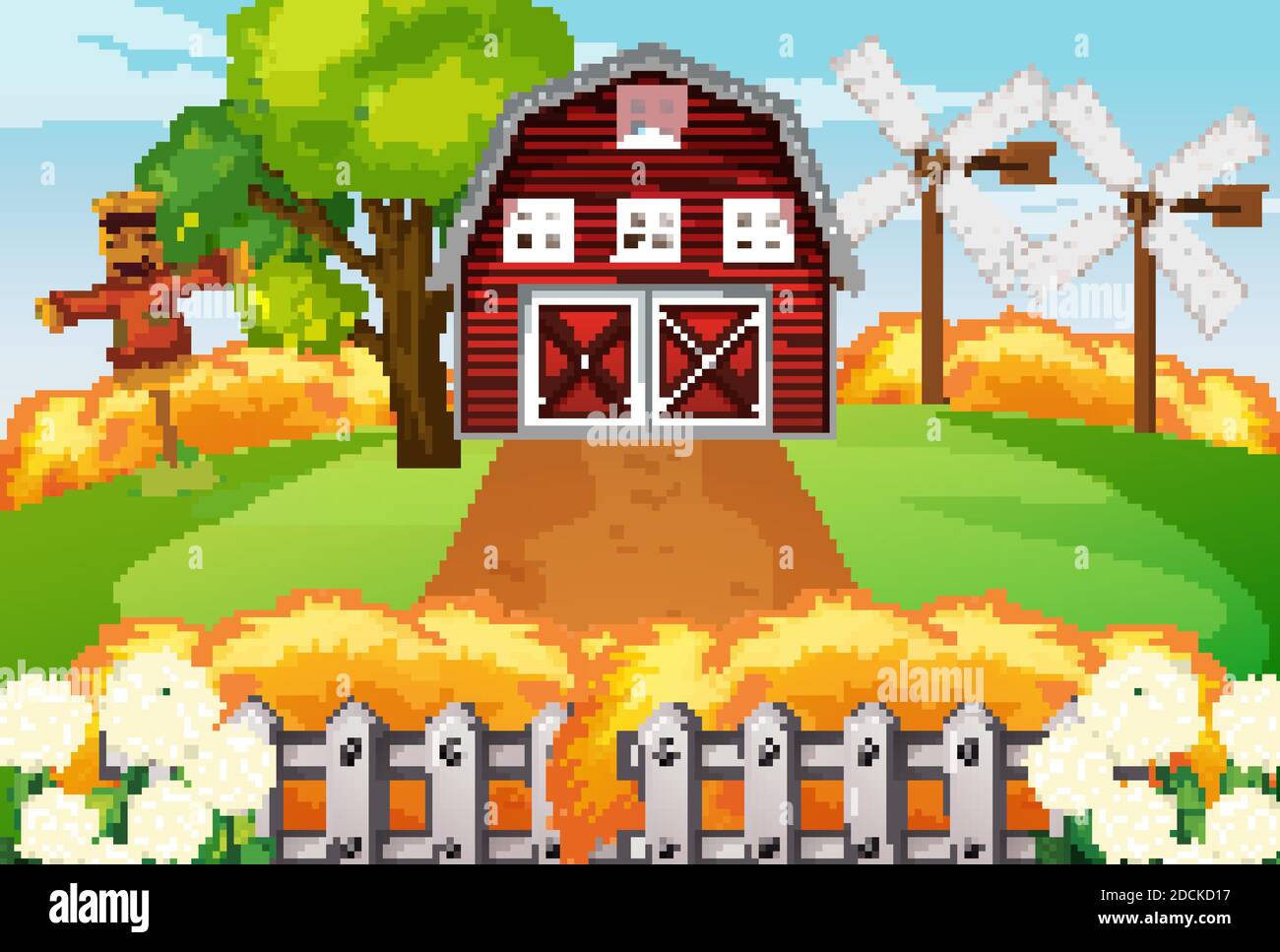 Farm in nature scene with barn and windmill and scarecrow illustration ...