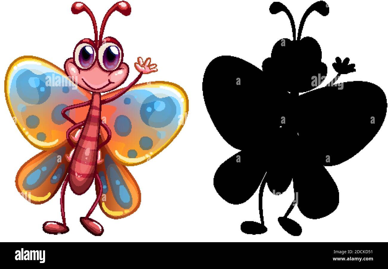 Set of insect cartoon character and its silhouette on white background ...