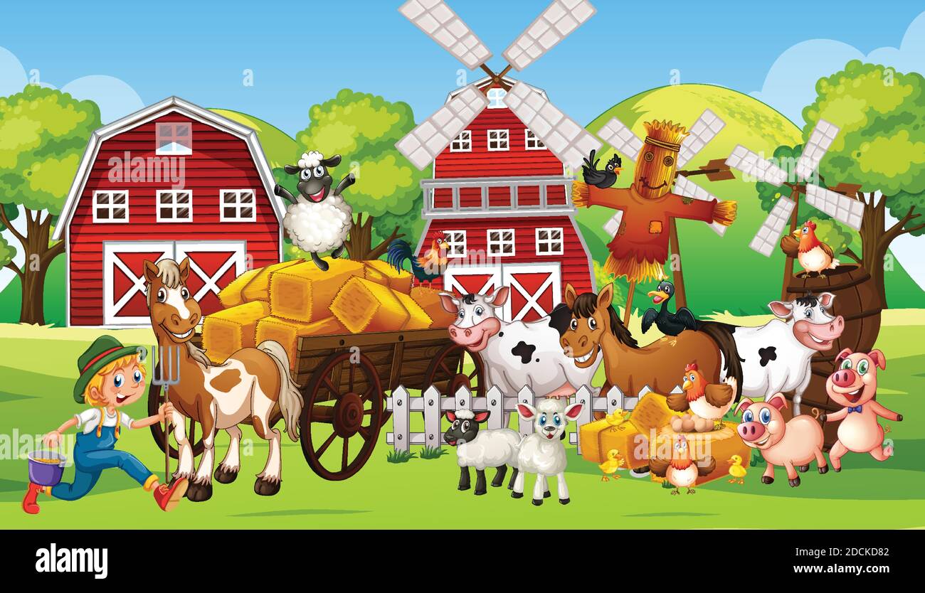 Farm scene in nature with barn and windmill and animal farm ...