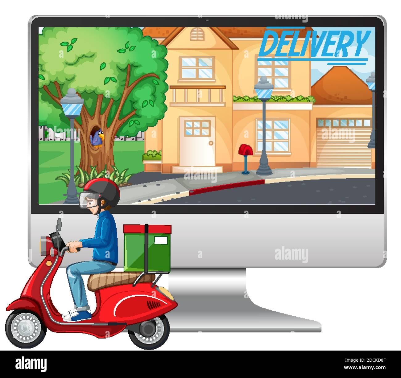 Computer with bike man or courier and delivery logo illustration Stock ...