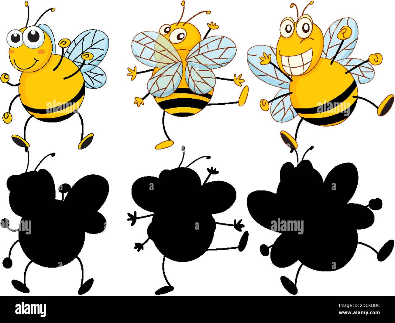 Set of insect cartoon character and its silhouette on white background ...