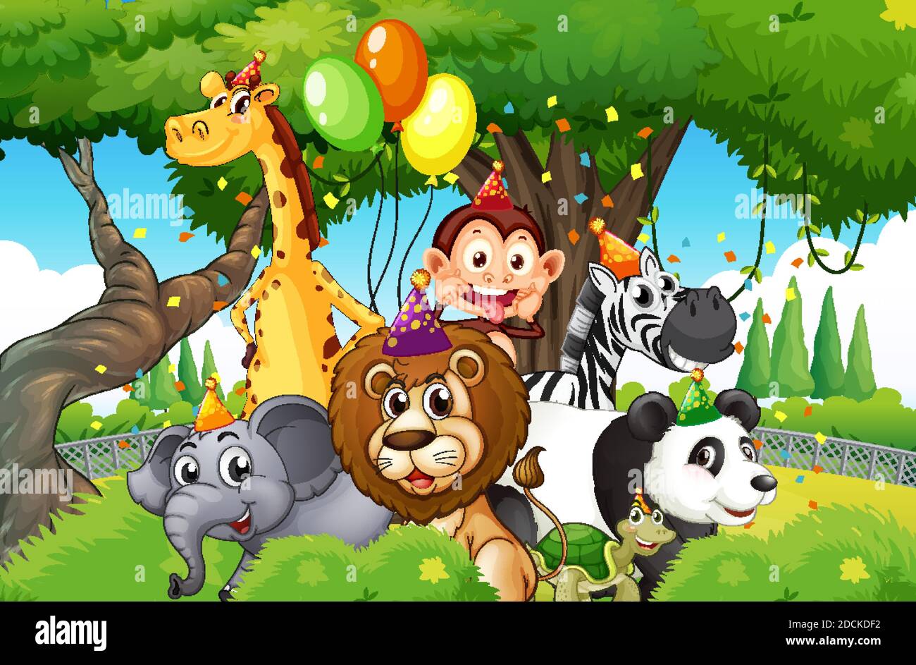 Wild animals with party theme in nature forest background illustration  Stock Vector Image & Art - Alamy