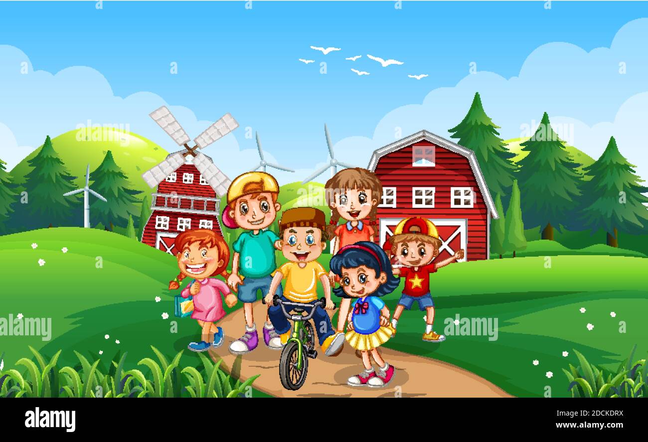 Happy kids playing outdoor nature illustration Stock Vector Image & Art ...