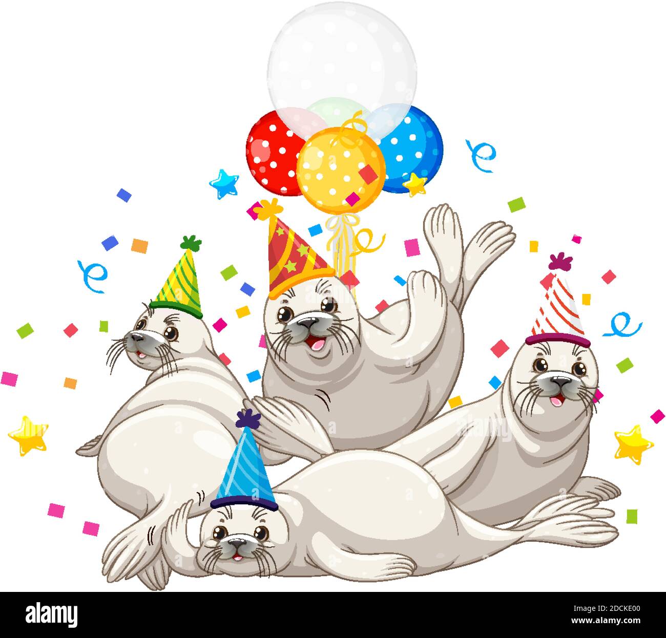 Seal group in party theme cartoon character on white background illustration Stock Vector