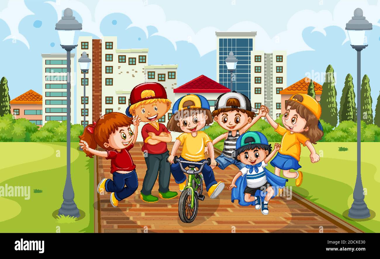Children group in the park scene illustration Stock Vector Image & Art ...