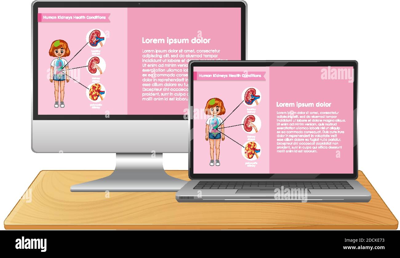 Computer with science infographic on screen desktop illustration Stock