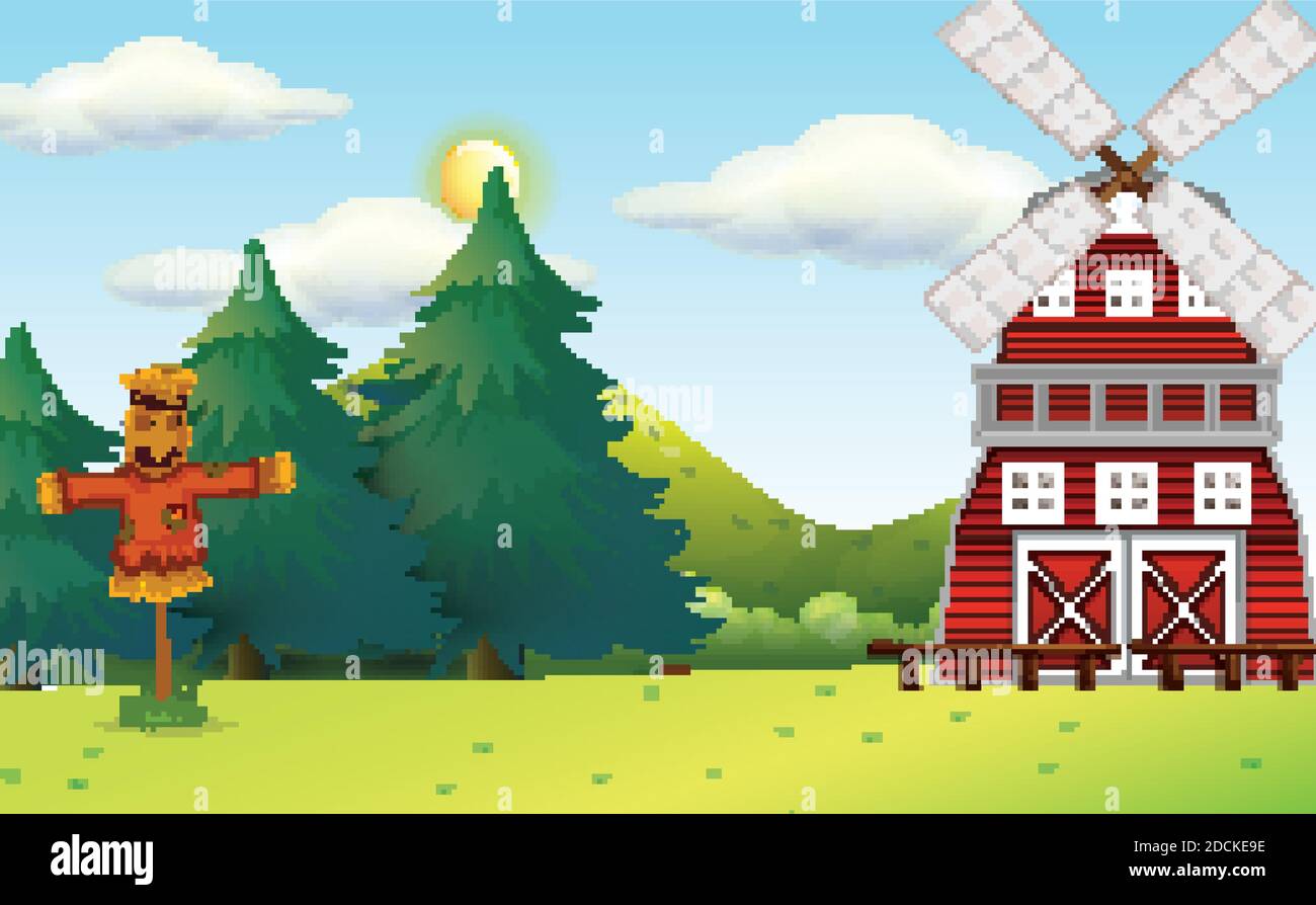 Farm scene in nature with barn and scarecrow illustration Stock Vector ...