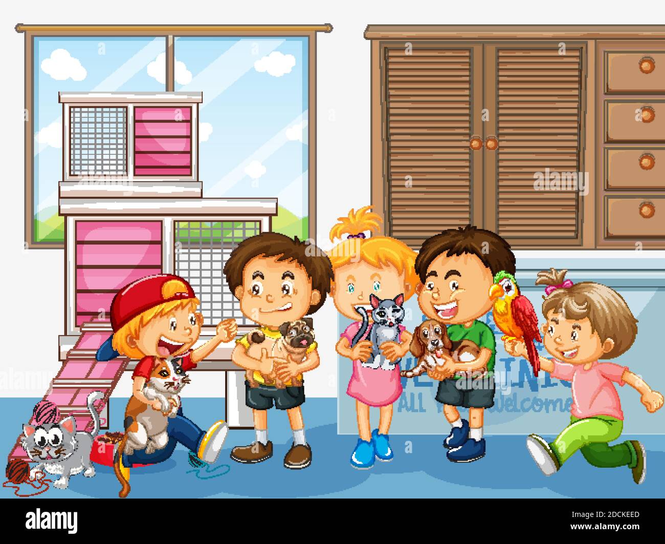 Happy kids with their own pet illustration Stock Vector Image & Art - Alamy