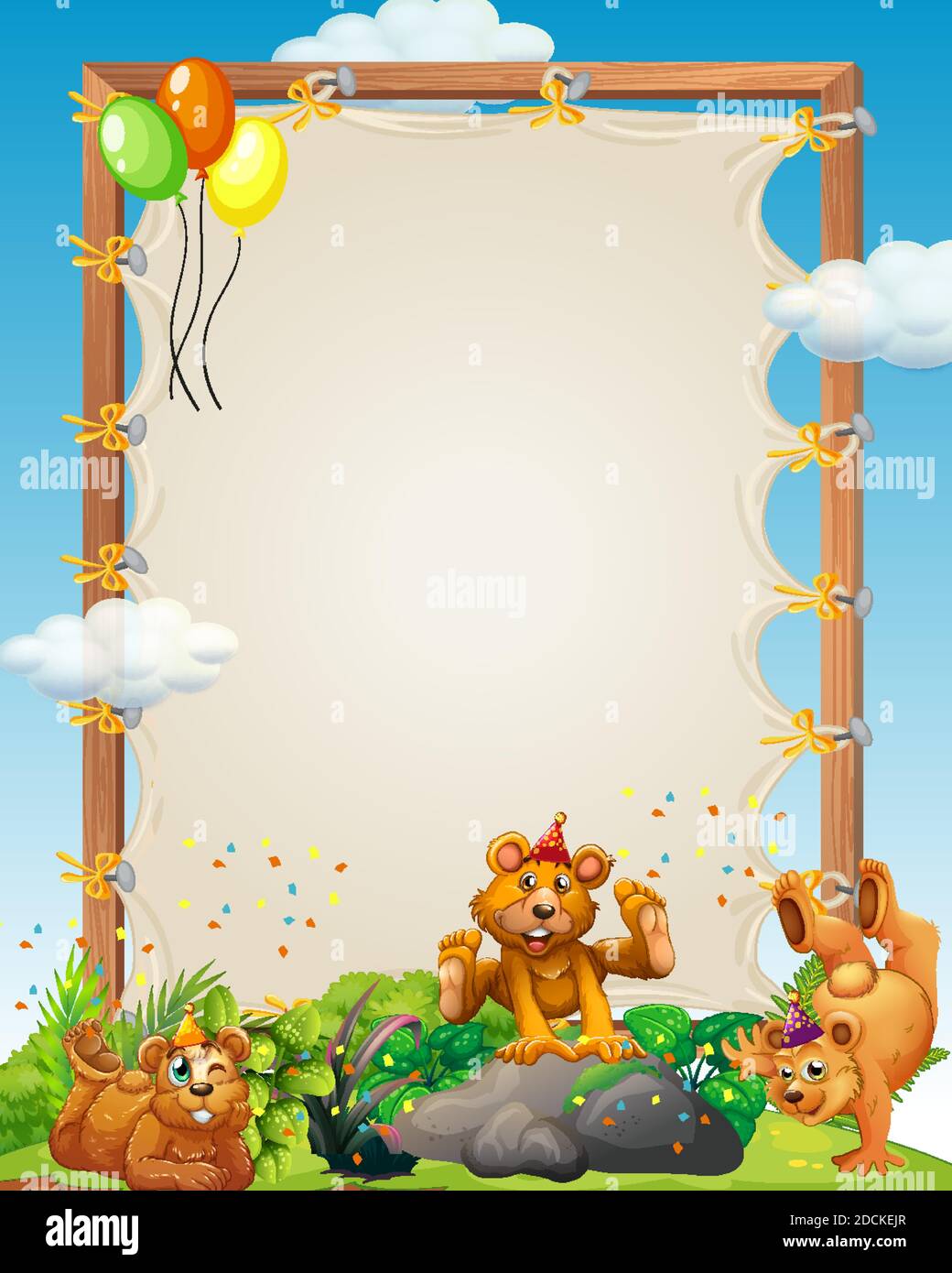 Canvas wooden frame template with beas in party theme on forest ...
