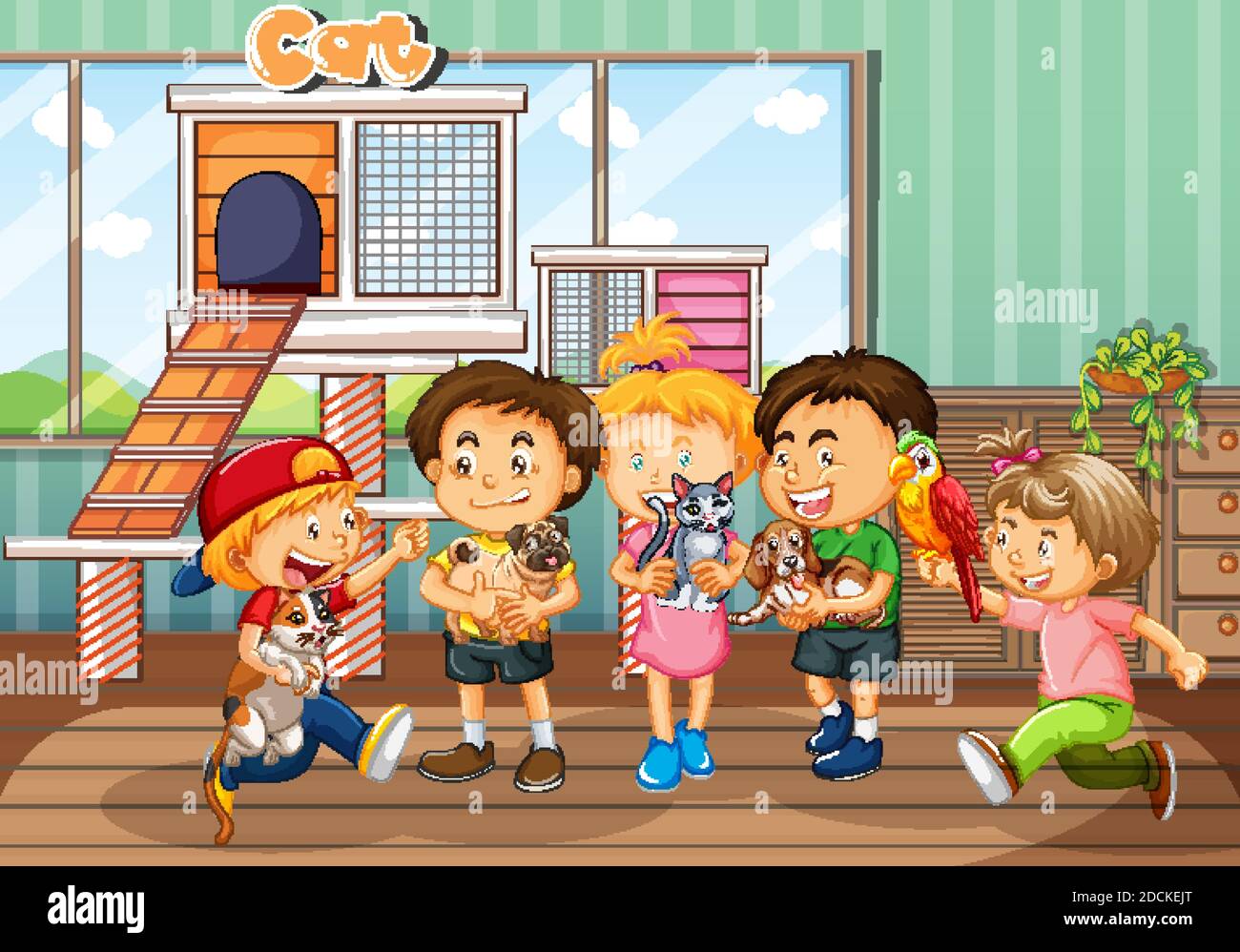 Happy kids with their own pet illustration Stock Vector Image & Art - Alamy