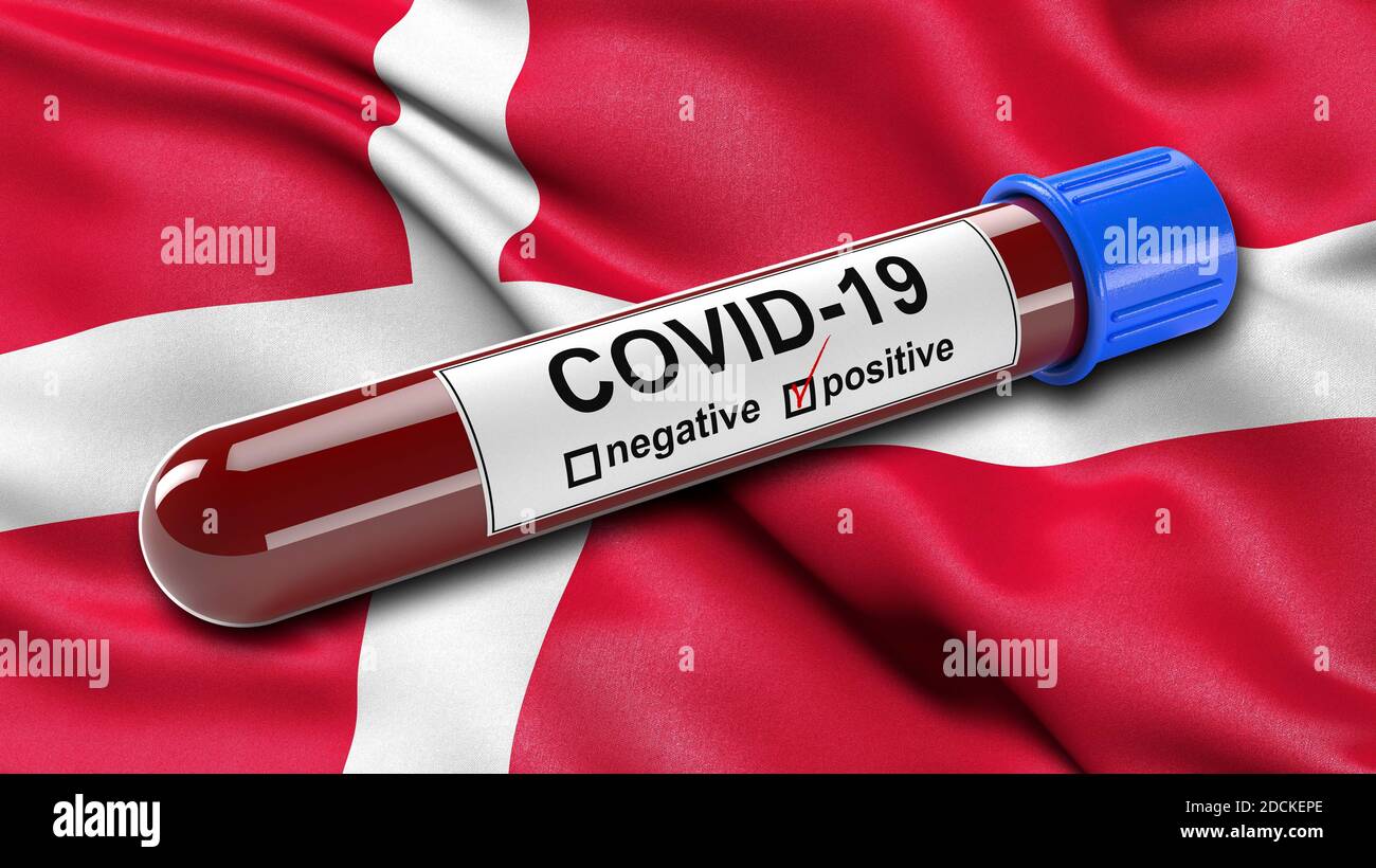 Flag of Denmark waving in the wind with a positive Covid-19 blood test tube. 3D illustration Stock Photo