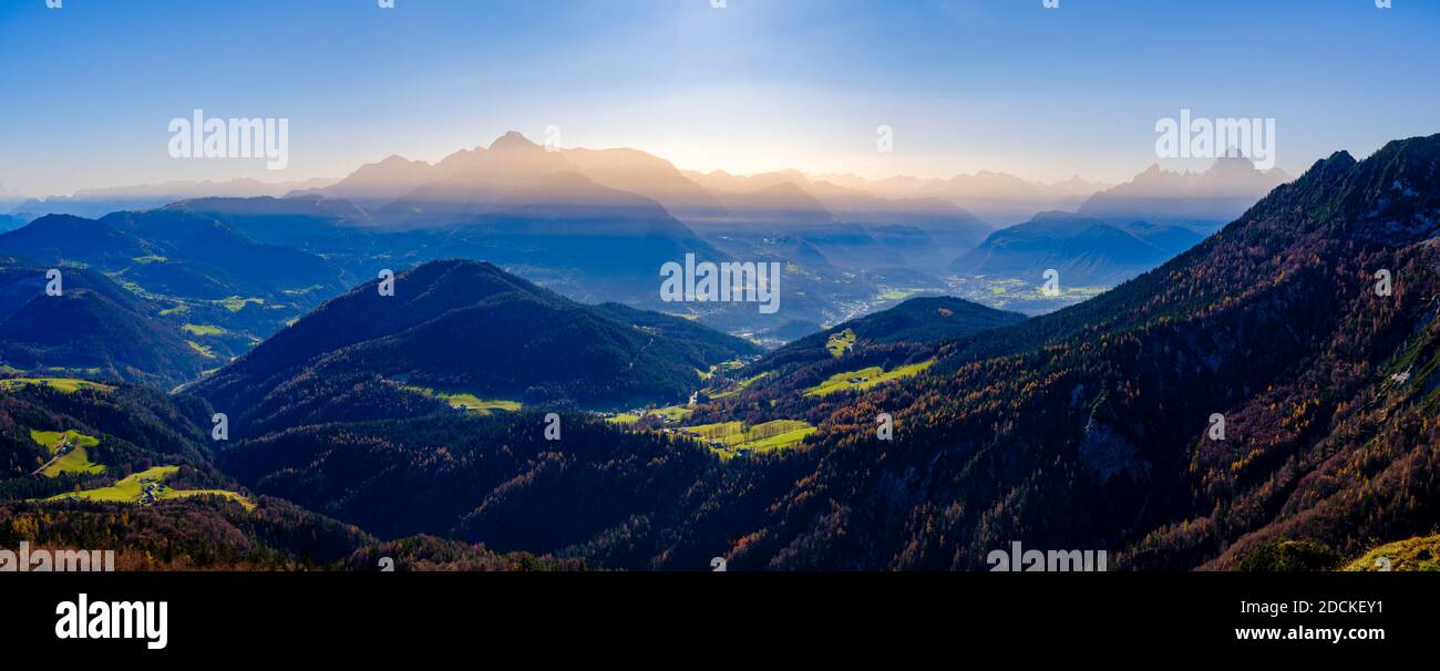 Alpine panorama of the Berchtesgadener Alps, Marktschellenberg, Berchtesgadener Land, Upper Bavaria, Bavaria, Germany Stock Photo