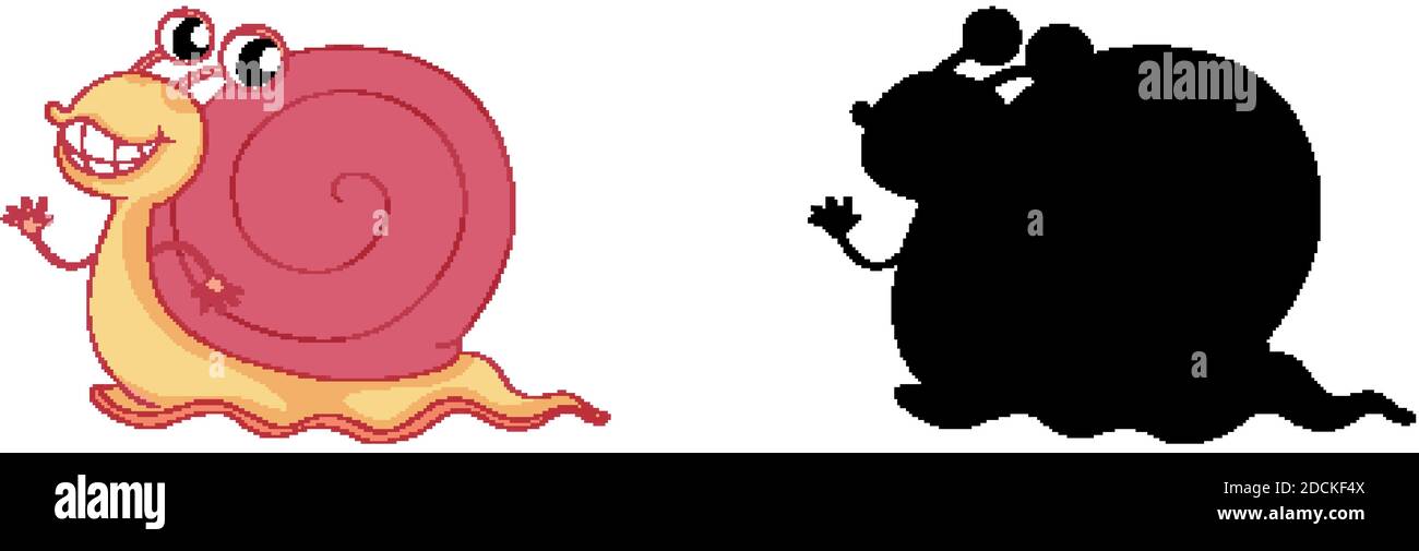 Set of snail cartoon character and its silhouette on white background ...