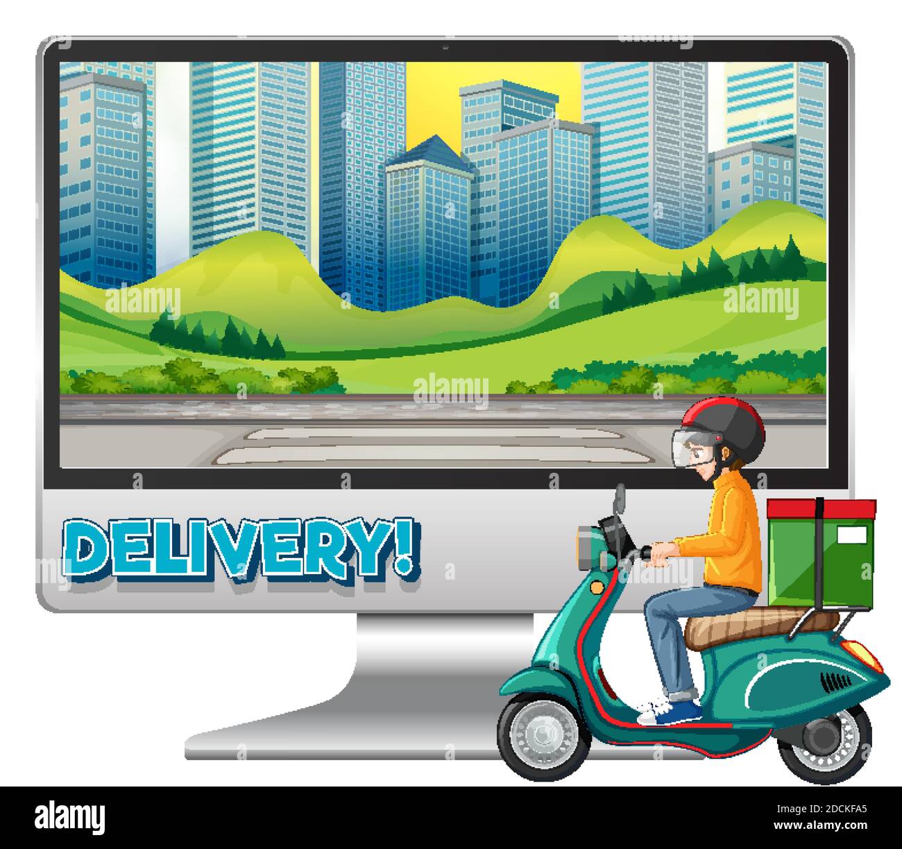Computer with bike man or courier and delivery logo illustration Stock ...