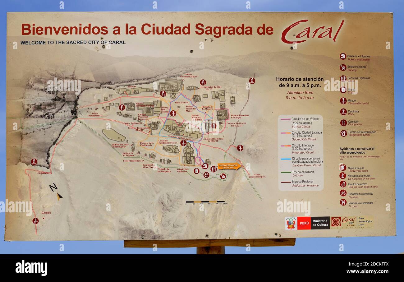 Caral Map Information board at the ruins of Caral, oldest city in America, Unesco ...