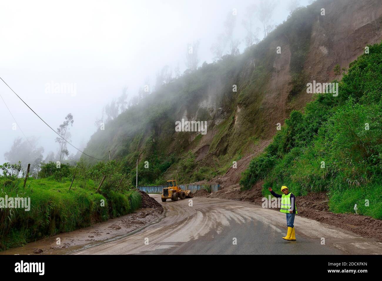 Landslide is removed on the E35, near Cuenca, Azuay province, Ecuador Stock Photo