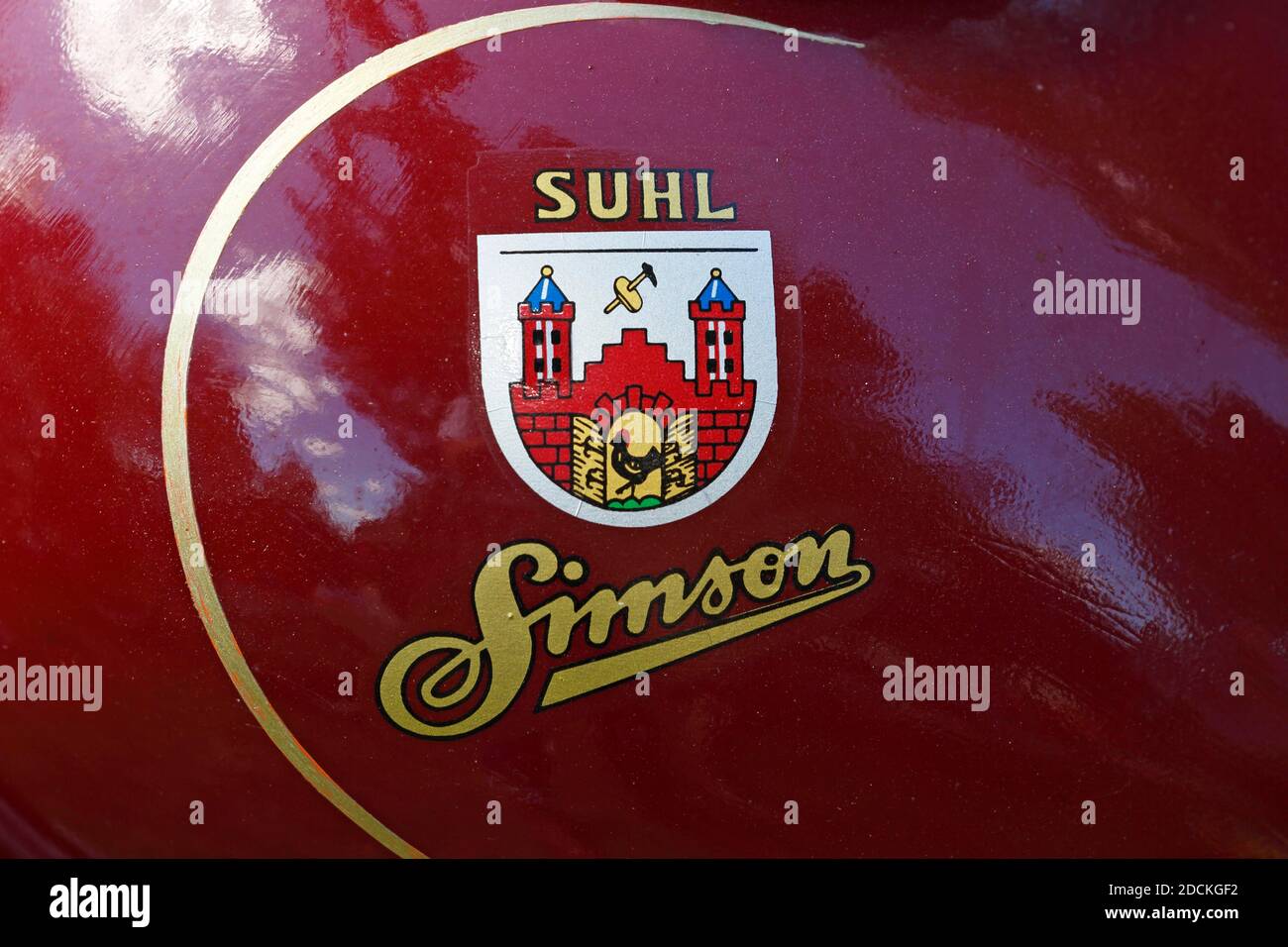 Logo of the company VEB Simson from Suhl (Thuringia) on the tank of the historic moped SR2 from 1958, historic vehicle, Germany Stock Photo