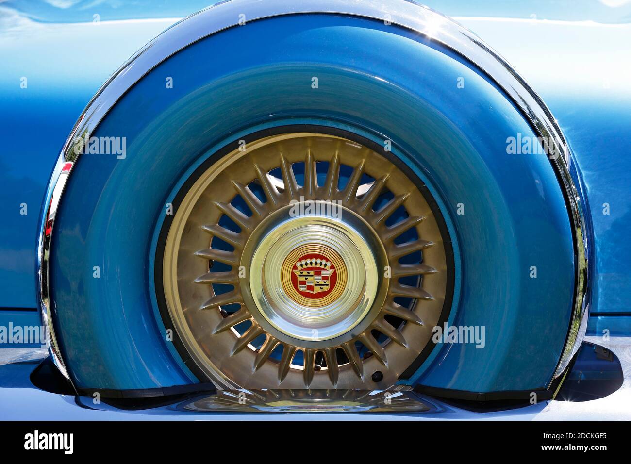 Cadillac emblem in the rim of the spare tyre at the rear of a 1956 Cadillac Eldorado classic car, historic vehicle, Germany Stock Photo