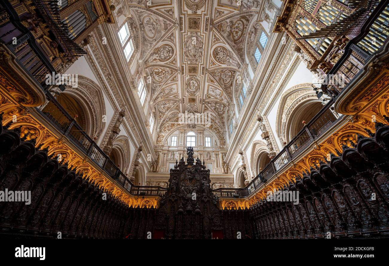 Choir, decorated and gilded choir stalls with vaulted ceilings, Mezquita-Catedral de Cordoba or Cathedral of the Conception of Our Lady, Cordoba Stock Photo