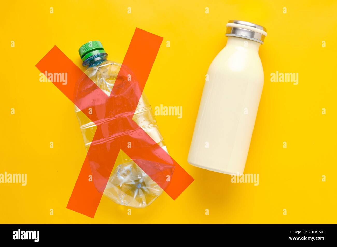 Metallic thermo Bottle and Plastic water Bottle x mark. Concept of