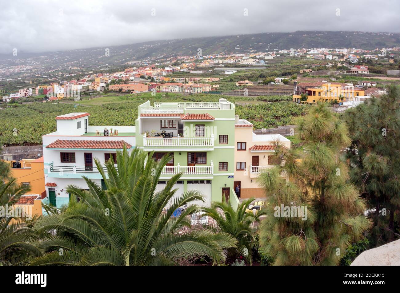 View of the plain with Spanish settlements with a residential building in the foreground, in the north of the island of Tenerife. Canary Islands. Spai Stock Photo