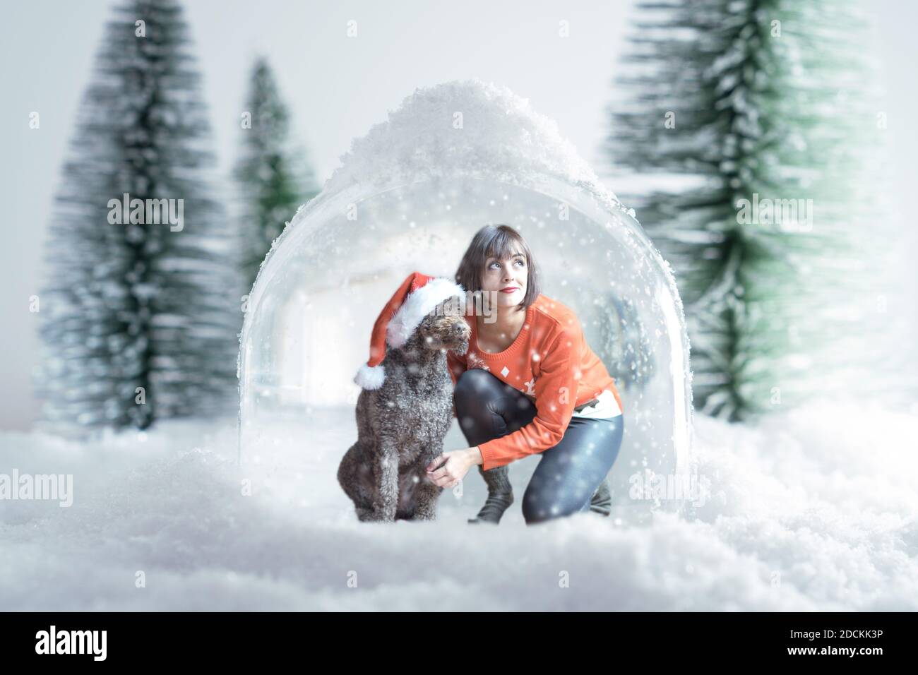 Caucasian woman wearing a christmas sweater and her dog with santa claus hat inside a snow globe. Concept of coronavirus quarantine during christmas s Stock Photo