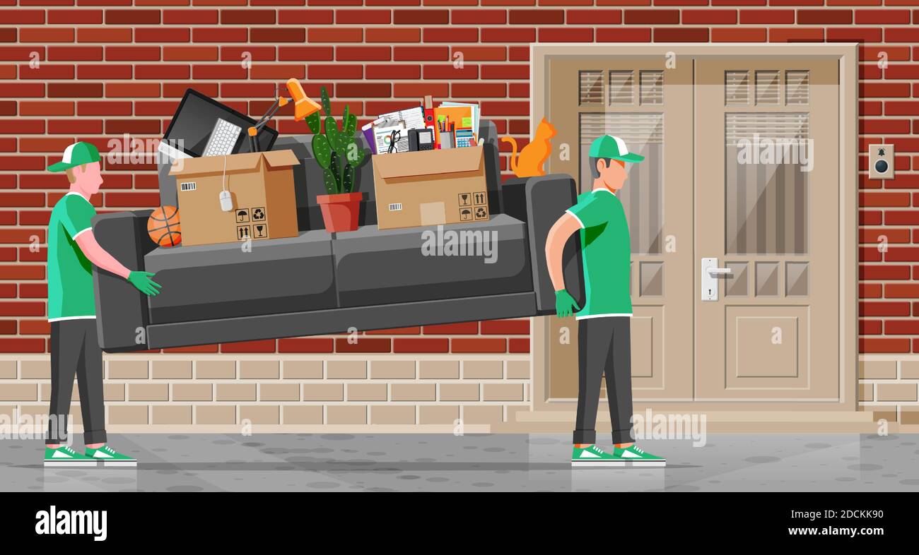 Delivery character man movers carry sofa with household items. Porters