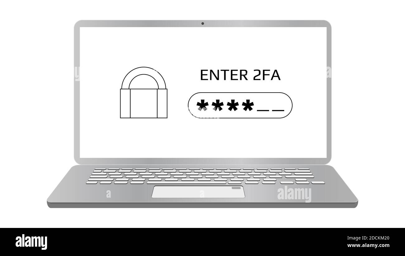 Concept of 2FA two-factor authentication on laptop screen isolated on white. Password field and padlock. Protecting your money. Stock Vector