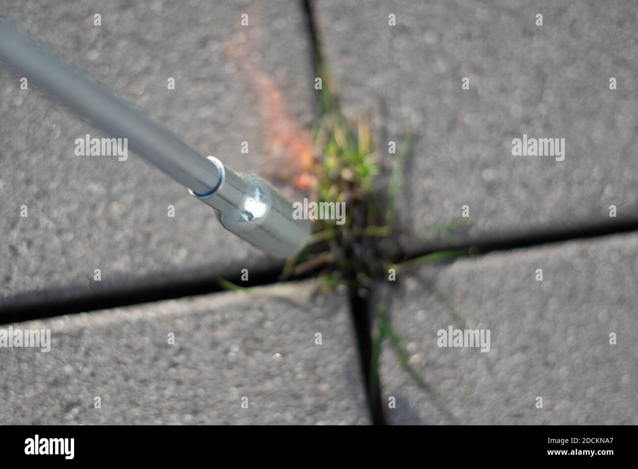 Burning weed out from plate joints with a weed burner Stock Photo