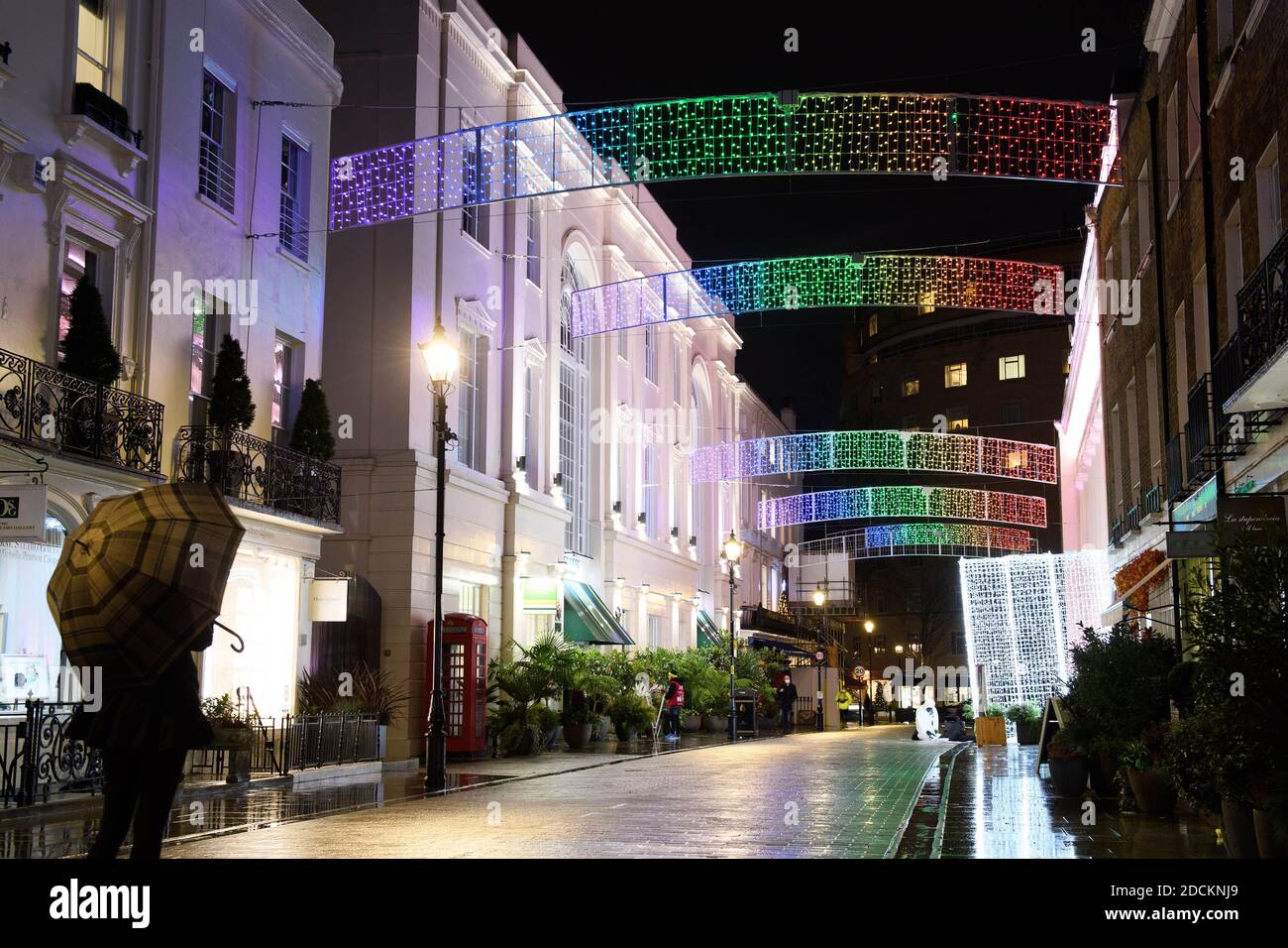 EDITORIAL USE ONLY A display of rainbow coloured Christmas lights