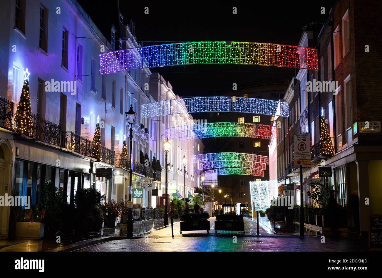 EDITORIAL USE ONLY A display of rainbow coloured Christmas lights