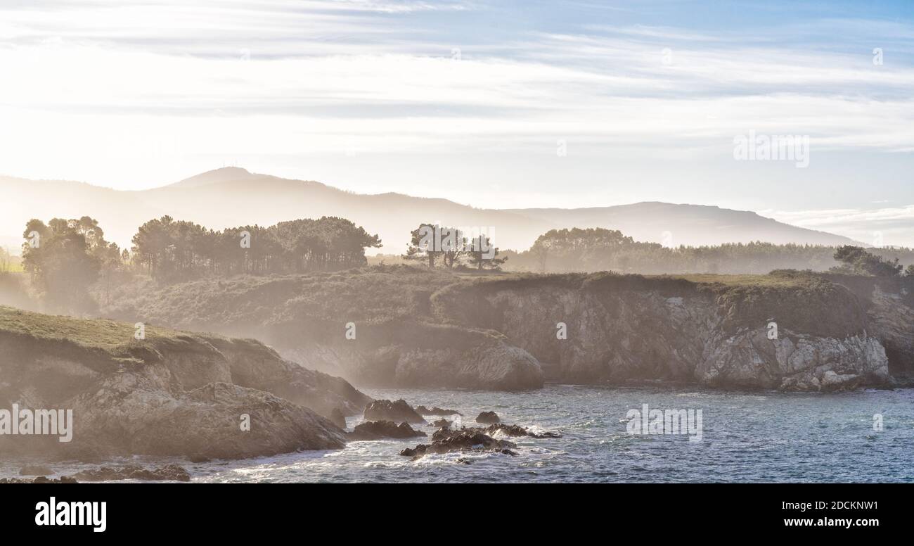 A high key view of the misty and rocky tree-lined shore in Galicia Stock Photo