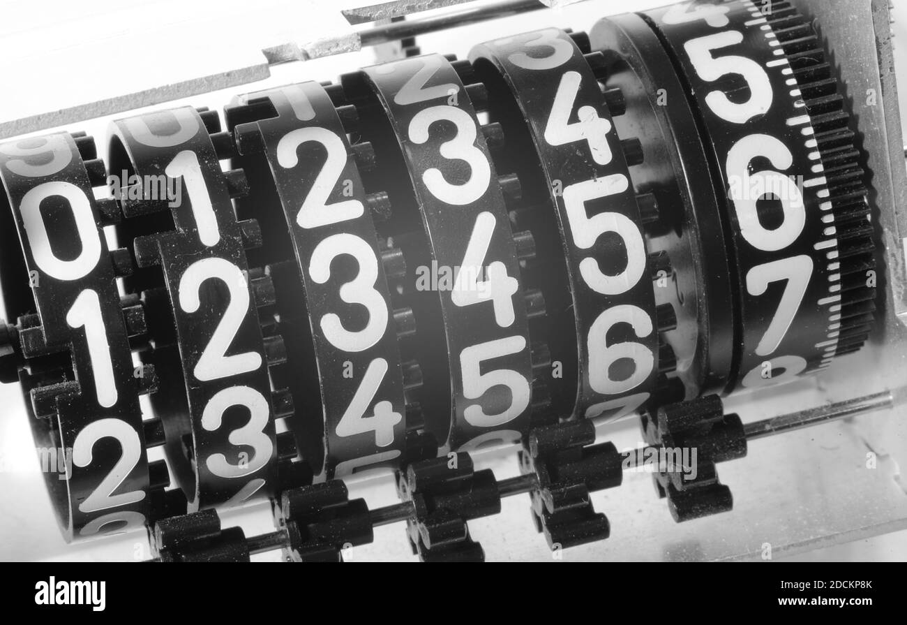 numbers of a counter with the text string 1 2 3 4 5 6 in black and white effect Stock Photo Alamy