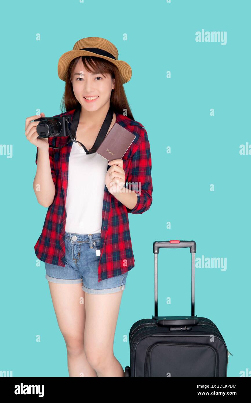 Beautiful portrait young asian woman with luggage smiling and travel summer trip for abroad in
