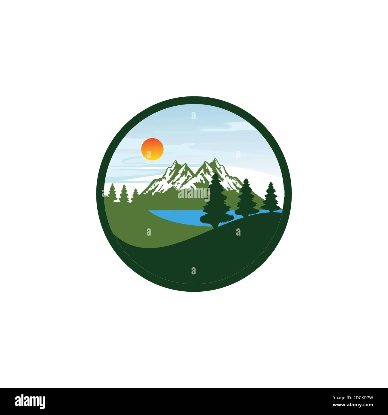 Mountain landscape with trees, sky, sun, pine, spruces, ocean design vector eps format, suitable for your design needs, logo, illustration, animation, Stock Vector