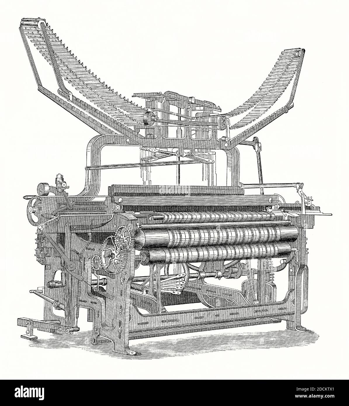 An old engraving of a figure loom, using a ‘dobby’ in the manufacture of patterned cloth in the 1800s. It is from a Victorian mechanical engineering book of the 1880s. Dobby (or dobbie) is a woven fabric produced on the dobby loom. The fabric produced is characterised by small geometric patterns and extra texture in the cloth. The warp and weft threads may of different colours. A harness-controlling mechanism is located at the centre of the loom. This connects to pattern chains that are mounted at the top of the loom. Englishman Edmund Cartwright built and patented a power loom in 1785. Stock Photo