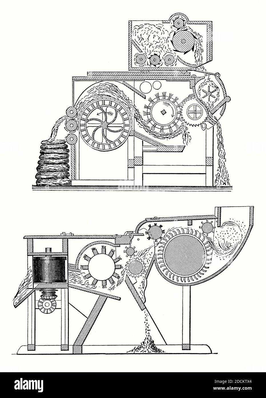 An old engraving showing how early cotton gins work. It is from a Victorian mechanical engineering book of the 1880s. A cotton gin (cotton engine) is a machine that separates cotton fibres from their seeds. The fibres are then processed into various cotton goods. The seeds can be used to make cottonseed oil. The mechanical cotton gin was invented by American Eli Whitney in 1793. Whitney's gin used a wire screen and small wire hooks to pull the cotton through, while brushes removed the loose cotton lint. The top illustration shows a version of his gin, the bottom gin is a variant. Stock Photo