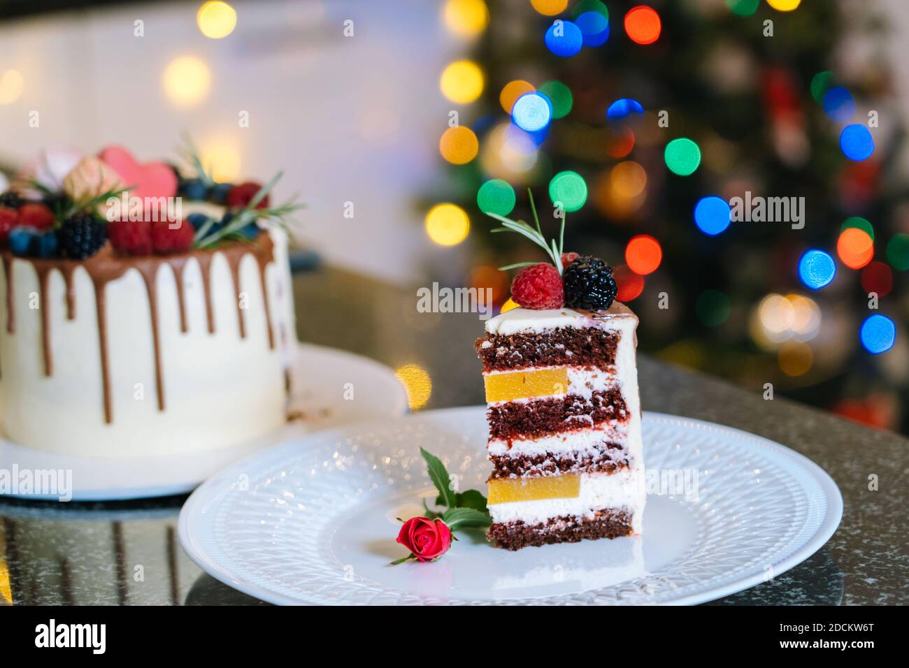 Piece of homemade Christmas cake whis fruit. Happy New Year and ...