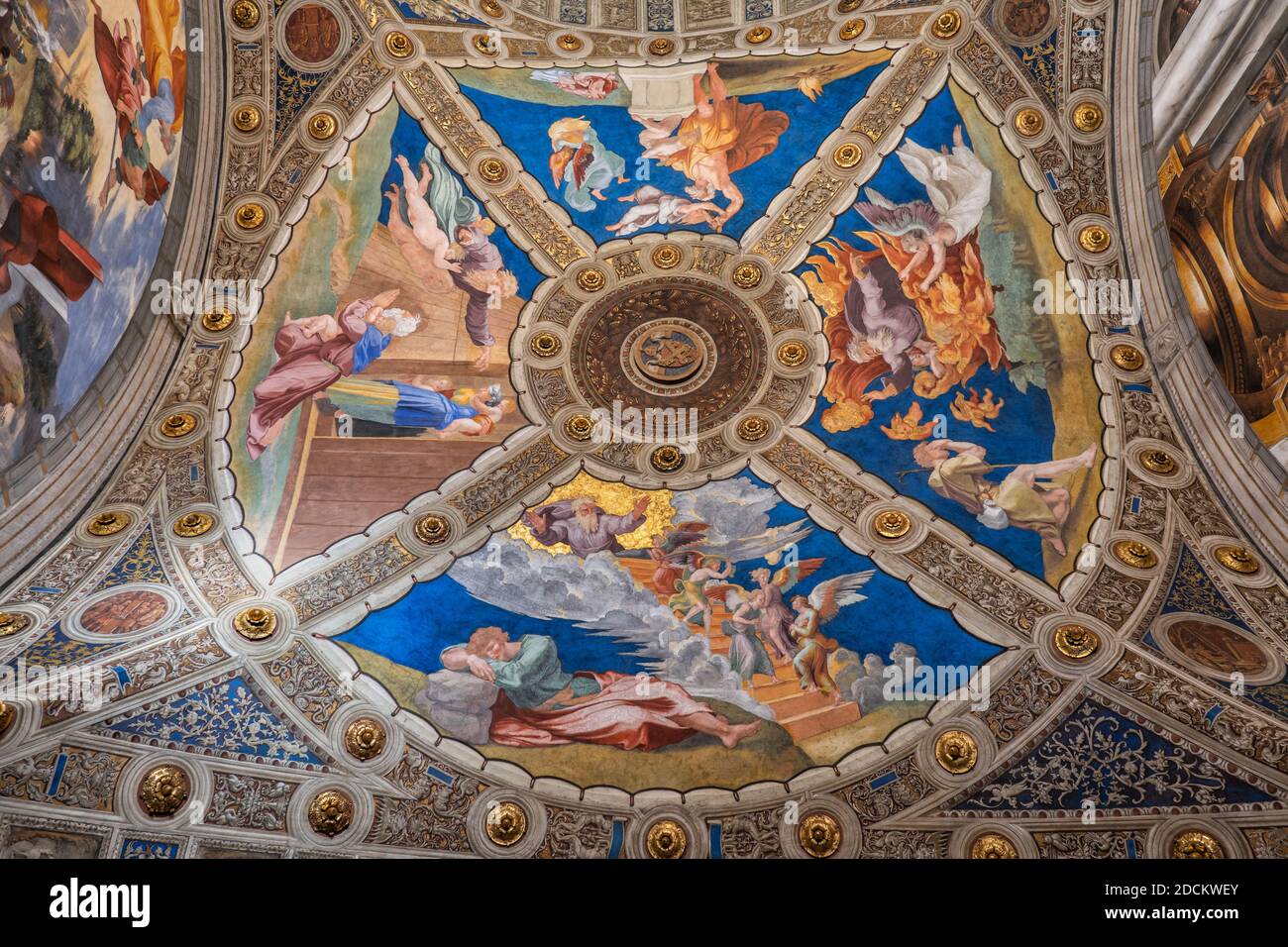 Room of Heliodorus ceiling paintings by Luca Signorelli, Bramantino, Lorenzo Lotto and Cesare da Sesto, Raphael Rooms, Vatican Museums, Rome, Italy Stock Photo