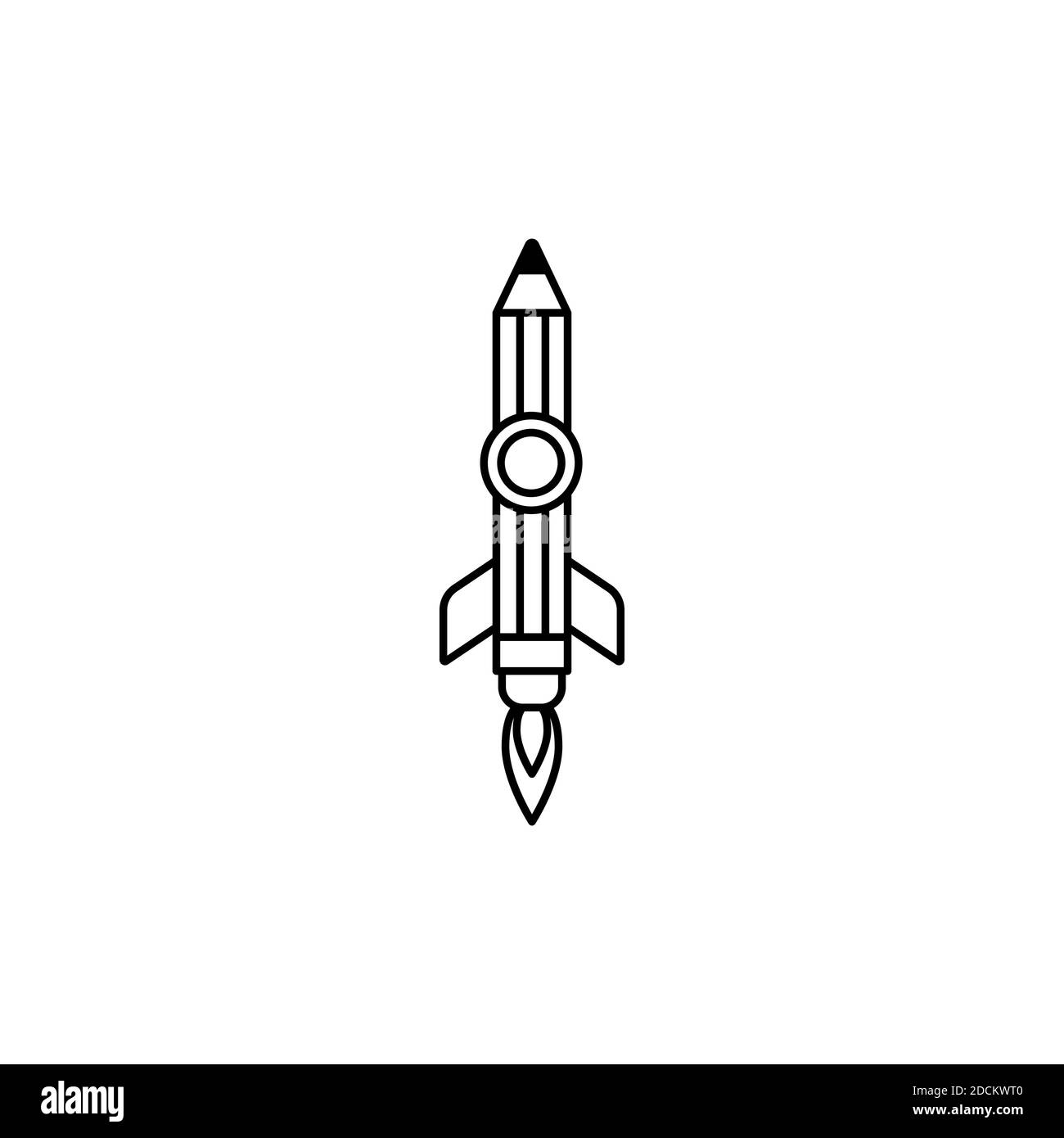 Outline pencil rocket ship with fire. Isolated on white. Flat line icon. Vector illustration with flying pencil. Creativity sign. Creative idea symbol Stock Vector