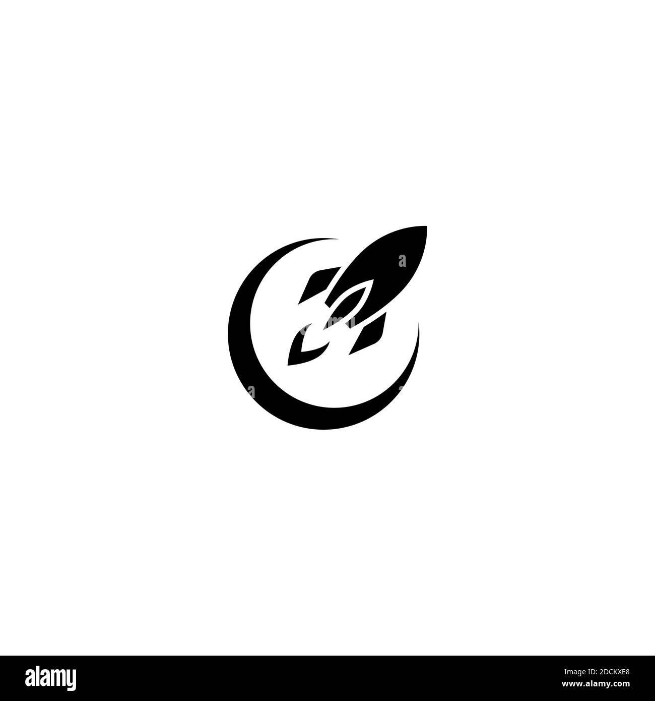 black rocket ship with fire flying out of circle isolated on white. Flat line icon. Vector illustration with flying rocket. Space travel. Project star Stock Vector