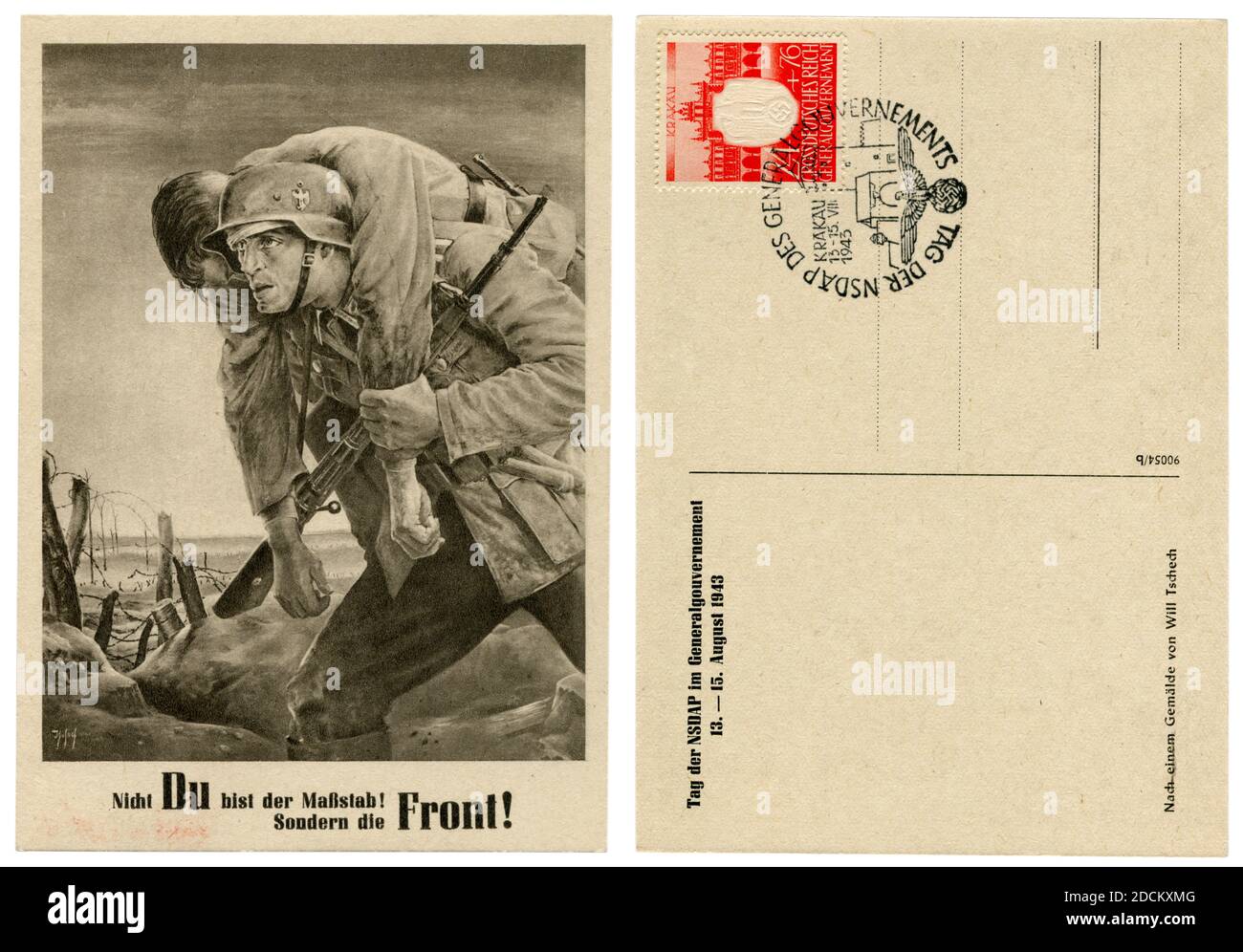 German historical postcard: 'Kameraden'. The soldier on the front line carries a wounded comrade. Artist Will Tschech, 1943, Germany, Third Reich Stock Photo